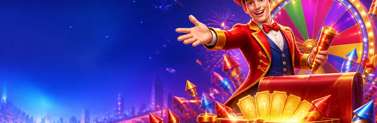 Banner lễ hội ưu đãi với rương quà và vòng quay nhiều màu